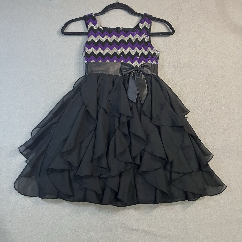 American Princess Black Purple Sequin Ruffle Sleeveless Party Dress Girls Sz 10
